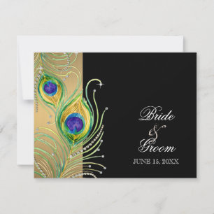 Modern Peacock Feathers Faux Jewel Scroll Swirl RSVP Kaartje