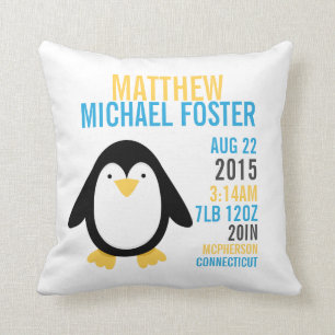 Modern Penguin Birth Announcement Nursery Pillow Kussen
