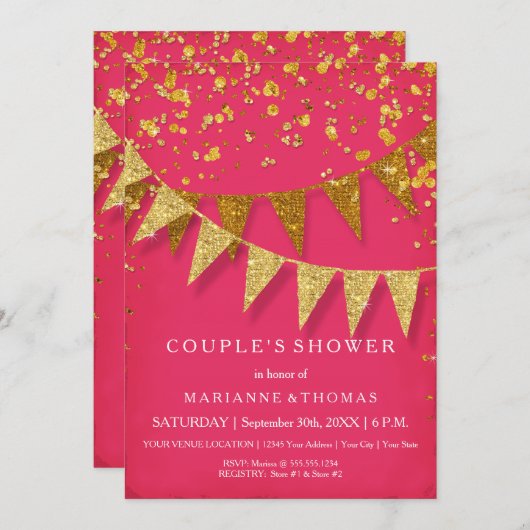 Modern Pennant Banner w Glitter Falling Confetti Kaart (Voorkant / Achterkant)