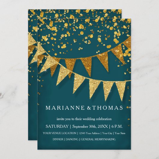 Modern Pennant Banner w Glitter Falling Confetti Kaart (Voorkant / Achterkant)