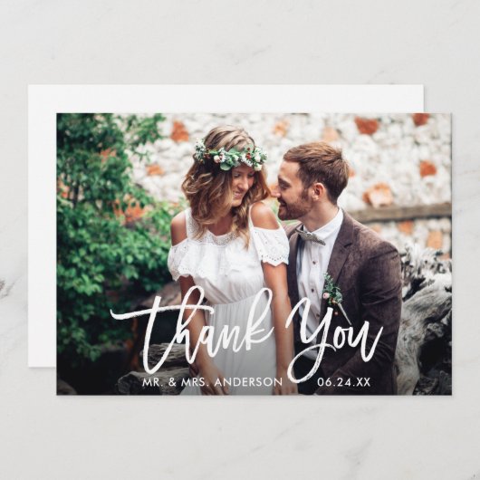 Modern penseel-script bruiloft foto Wht Bedankkaart (Voorkant / Achterkant)