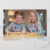 Modern Penseel Script Rood Aangepaste Foto Kerstmi Folie Feestdagenkaart (Voorkant)