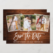 Modern penseelscript, bijtend hout, 3 fotobewerkin save the date (Voorkant / Achterkant)