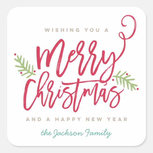 Modern penseelscript, helder kerstfeest vierkante sticker (Voorkant)
