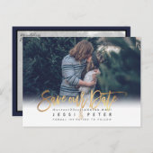 Modern penseelscript onze datum opslaan, gouden an aankondigingskaart (Voorkant / Achterkant)