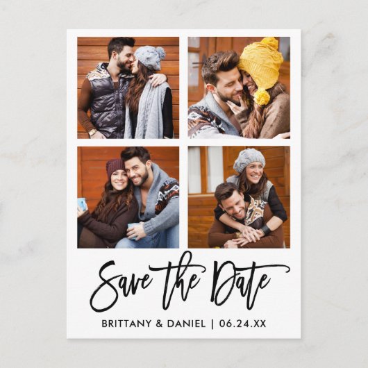 Modern penseelscript Sla de datum 4 fotocollage op Briefkaart (Voorkant)