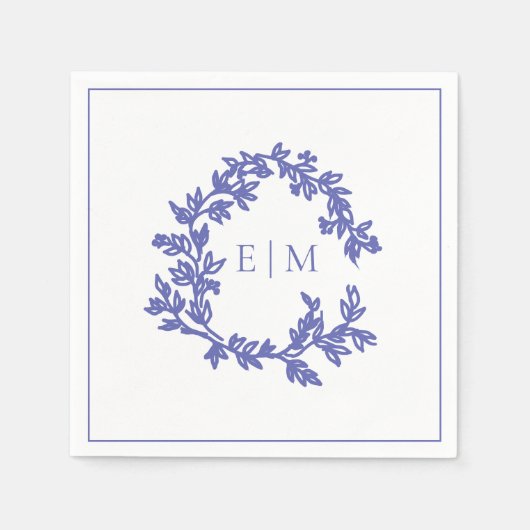 Modern Periwinkle Leafy Crest Monogram Weddenschap Servet (Voorkant)