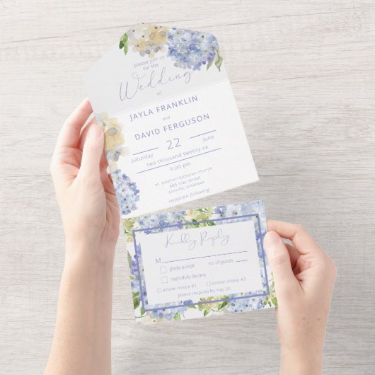 Modern Periwinkle & White Hydrangeas Dinner All In One Uitnodiging (Afscheurbaar)