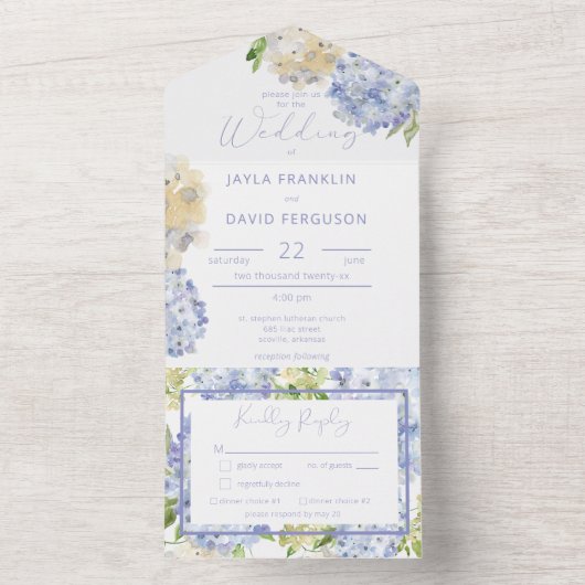 Modern Periwinkle & White Hydrangeas Dinner All In One Uitnodiging (Binnen)
