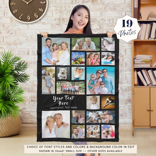 Modern Personalized 19 Photo Collage Black Fleece Deken