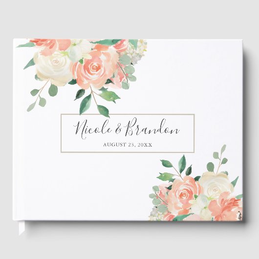 Modern Perzik Bloemen Waterverf Bruiloft Gastenboek (Voorkant)