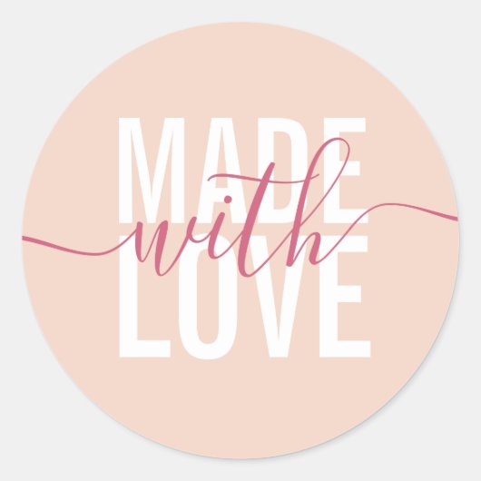 Modern perzik wit script gemaakt met liefde verpak ronde sticker (Voorkant)