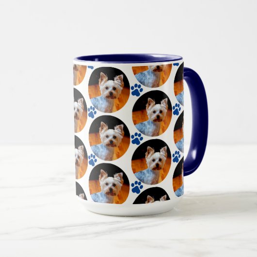 Modern Pet Photo Blue Paw Print Patroon Mok (Voorkant rechts)