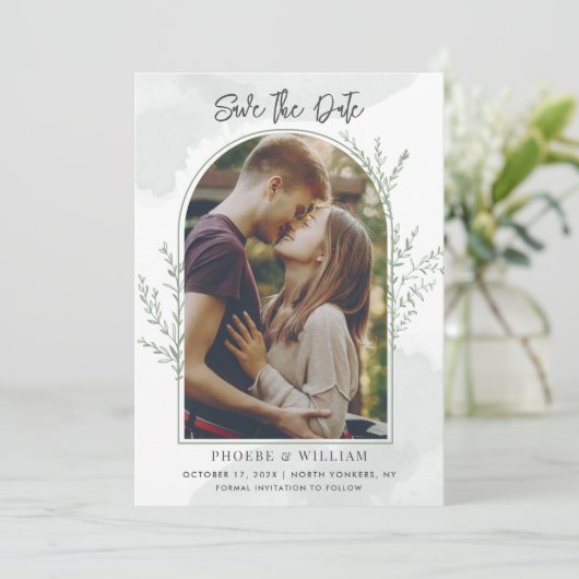 Modern Photo Arch Script Bruiloft Save The Date (Staand voorkant)