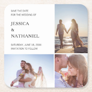 Modern Photo Collage Wedding Save the Date Vierkante Kartonnen Onderzetter