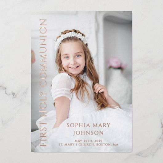 Modern Photo Girl First Heilige Commune Roos Gold Folie Uitnodiging (Voorkant)