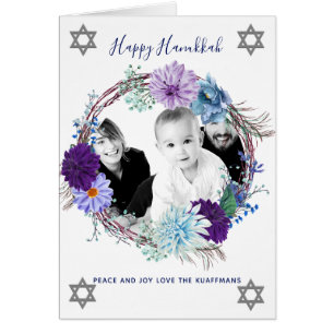 Modern PHOTO Hanukkah Blue Watercolor Flowers