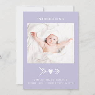 Modern Photo Heart Arrow Pastel Paars Girl Birth Aankondiging