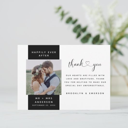 Modern Photo Heart Script Wedding Bedankkaart (Staand voorkant)