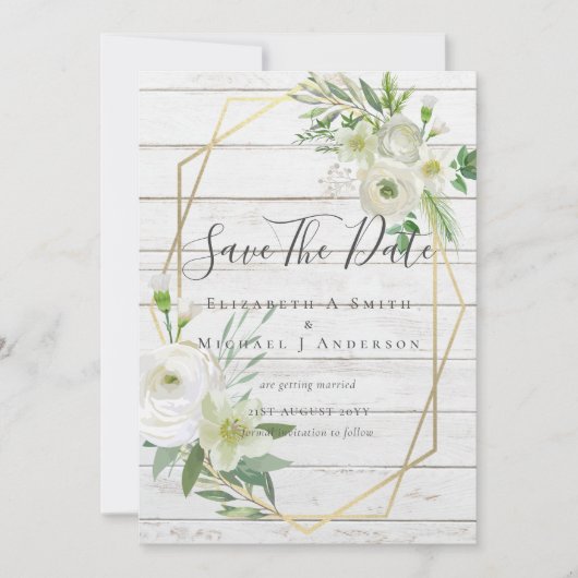 Modern Photo Save Dates White Floral Greenery Leaf (Voorkant)