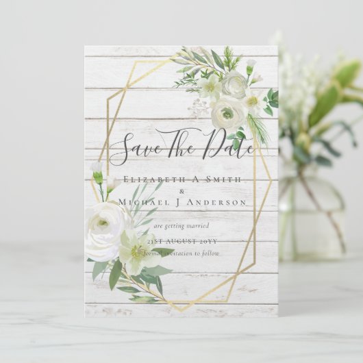 Modern Photo Save Dates White Floral Greenery Leaf (Staand voorkant)