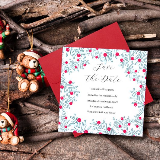 Modern Pine Branch and Red Berry Christmas Pattern Save The Date