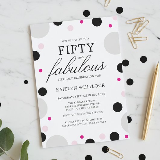 Modern Pink Black Bold Script 50th Birthday Party Kaart