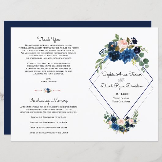 Modern Pink Blue Floral Navy Blue Diamond Programm (Voorkant / Achterkant)