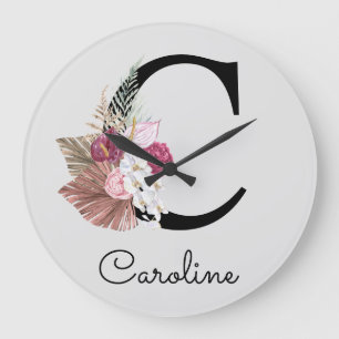 Modern Pink Boho Girly Floral Initiaal C Grote Klok