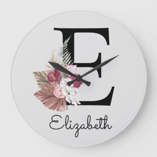 Modern Pink Boho Girly Floral Initiaal E Grote Klok