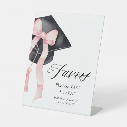 Modern Pink Bow Gradation Pet Afstuderen gunsten Reclamebord Met Voetstuk (Voorkant)
