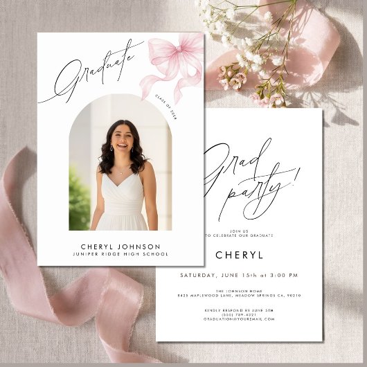 Modern Pink Bow Photo Graduation Party Invitation