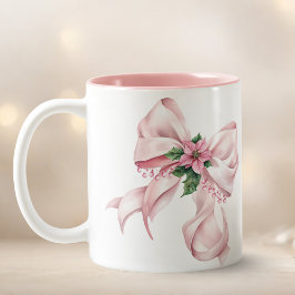 Modern Pink Bow poinsettia Christmas Name Tweekleurige Koffiemok