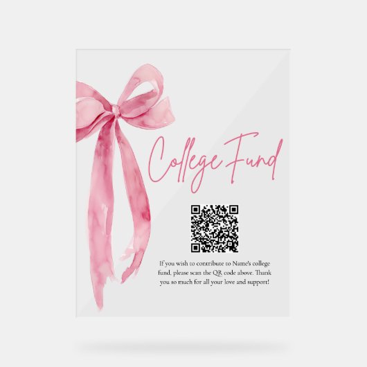 Modern Pink Bow QR Code College Fund Afstuderen Acryl Bord (Voorkant)