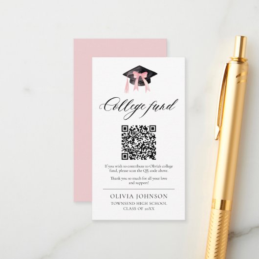 Modern Pink Bow QR Code College Fund Afstuderen Informatiekaartje (Voorkant / Achterkant in situ)