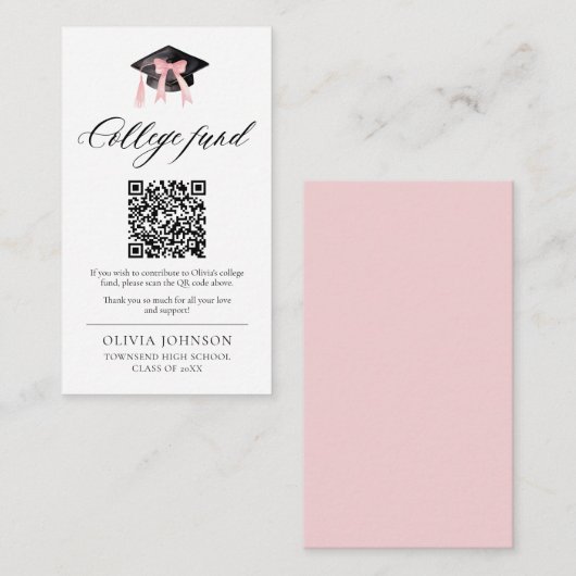 Modern Pink Bow QR Code College Fund Afstuderen Informatiekaartje (Voorkant / Achterkant)