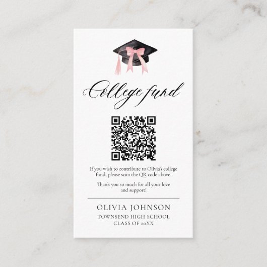 Modern Pink Bow QR Code College Fund Afstuderen Informatiekaartje (Voorkant)