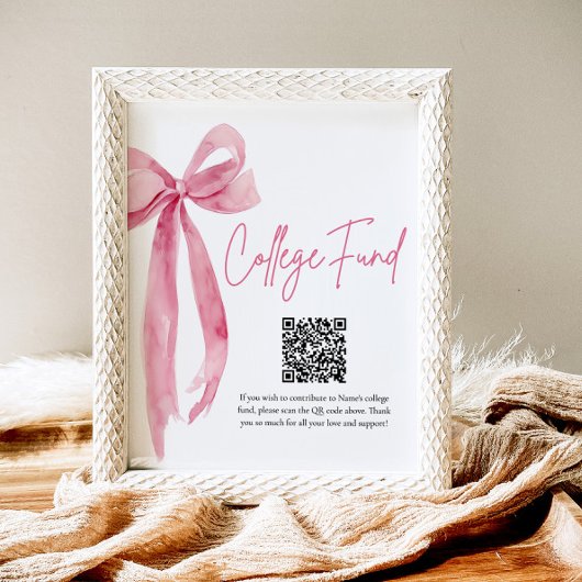 Modern Pink Bow QR Code College Fund Afstuderen Poster