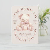 Modern Pink Bow Teddy Bear Baby Shower Invitation (Debout devant)