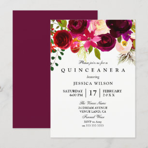 Modern Pink Burgundy Flower Quinceanera Invitation Kaart