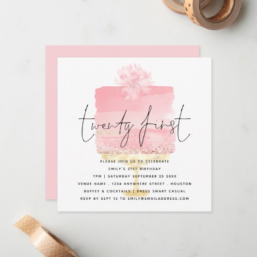 Modern Pink Cake Invitation 21e anniversaire (Devant/Arrière en situation)