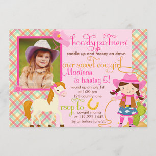 Modern Pink Cowgirl Little Horse Cute Photo Party Kaart