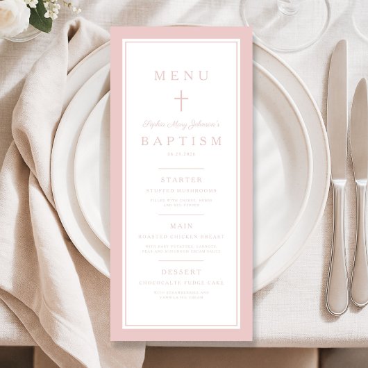 Modern Pink Cross Girl Baptism Menu