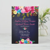Modern Pink Floral Navy Blue Typography Wedding Kaart (Staand voorkant)