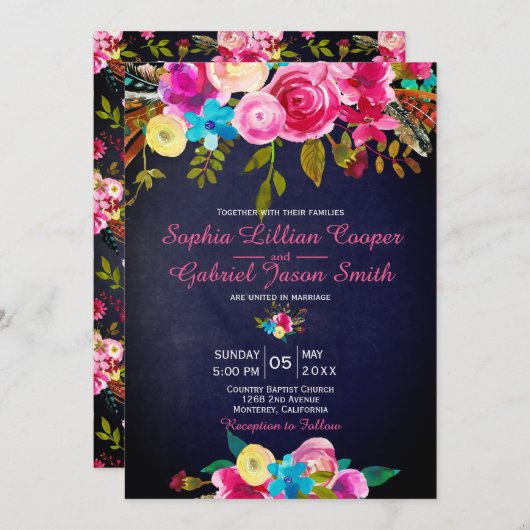 Modern Pink Floral Navy Blue Typography Wedding Kaart (Voorkant / Achterkant)