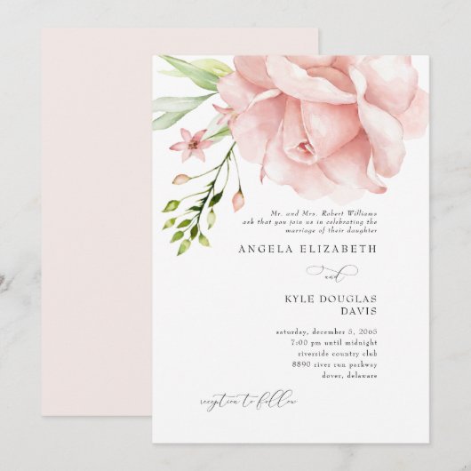 Modern Pink Floral Wedding Invitation Kaart (Voorkant / Achterkant)