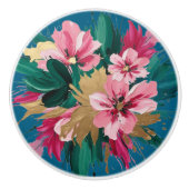 Modern Pink Flower Cluster with Gold Leaf Flourish Keramische Knop (Voorkant)