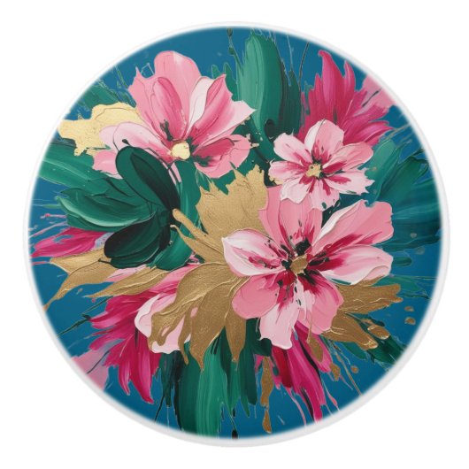 Modern Pink Flower Cluster with Gold Leaf Flourish Keramische Knop (Voorkant)