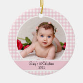 Modern Pink Gingham Baby Foto Keramisch Ornament (Voorkant)