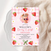 Modern Pink Gingham Heart Berry First Birthday Kaart